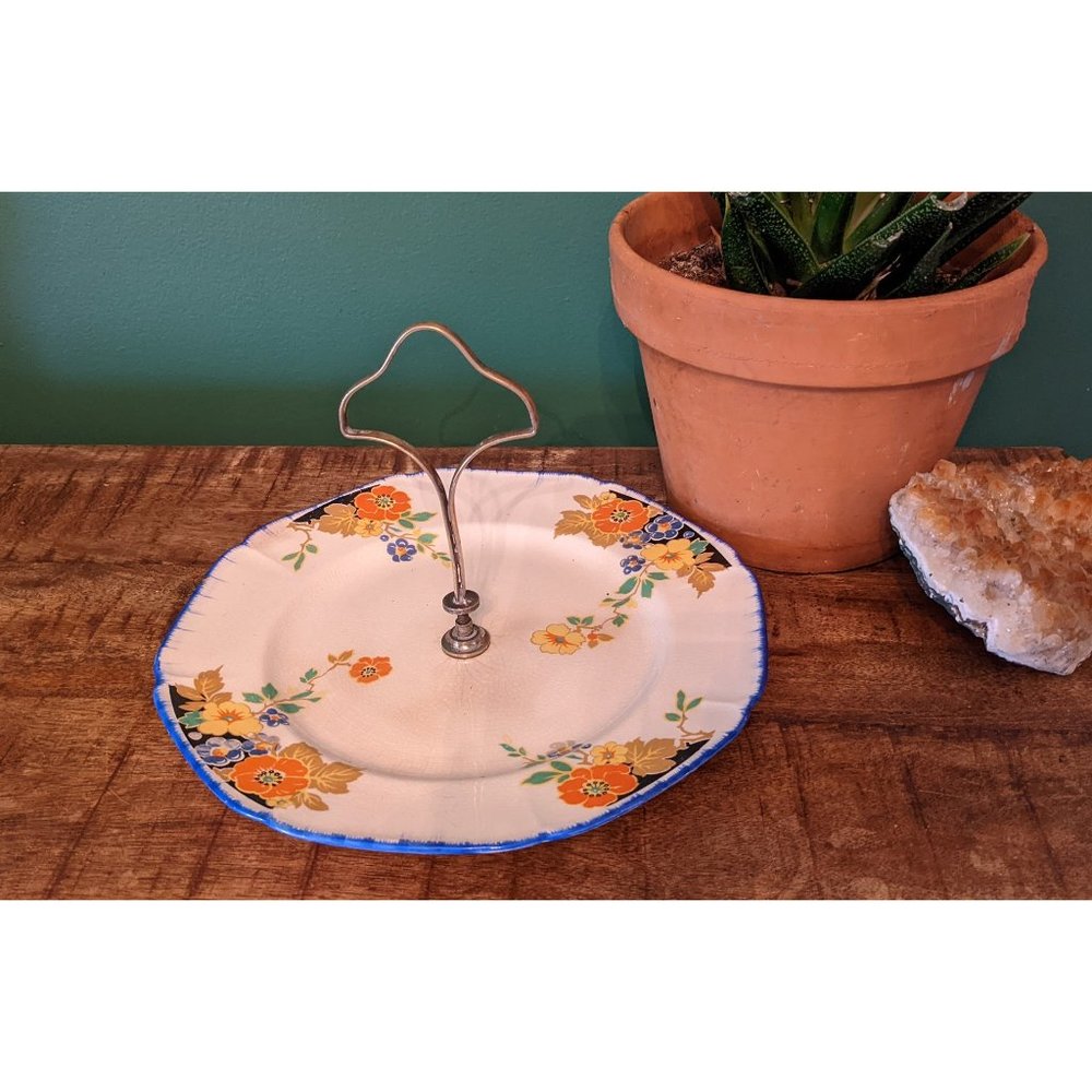 Vintage Parrot and Co Orange and Blue Floral Middle Handle Serving Plate